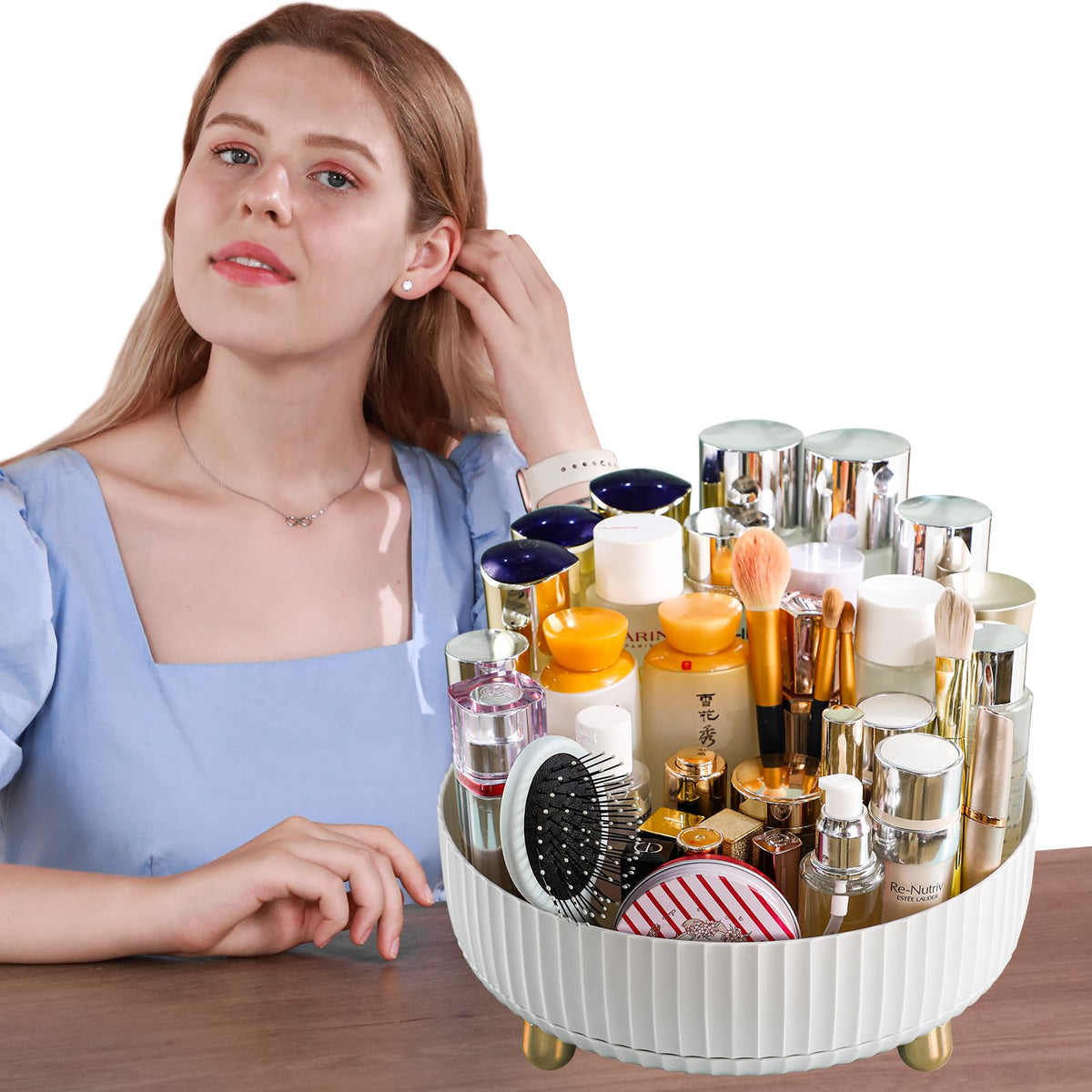 funest on a vanity with cosmetics and jewelry to create organized styling
