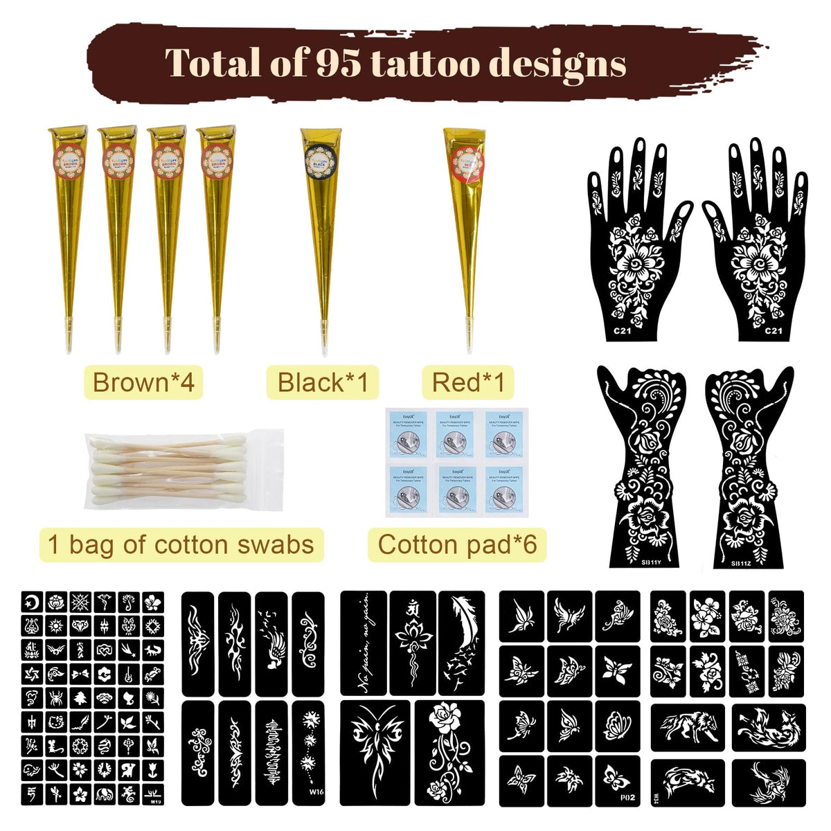 Funtigee stencil spread displaying 95 designs for versatile body art options