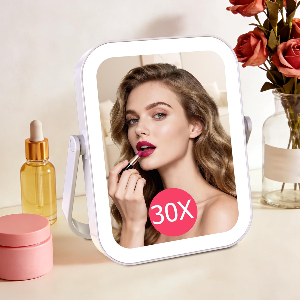 FUNTOUCH front-facing mirror showing LED ring and sleek frame for even lighting