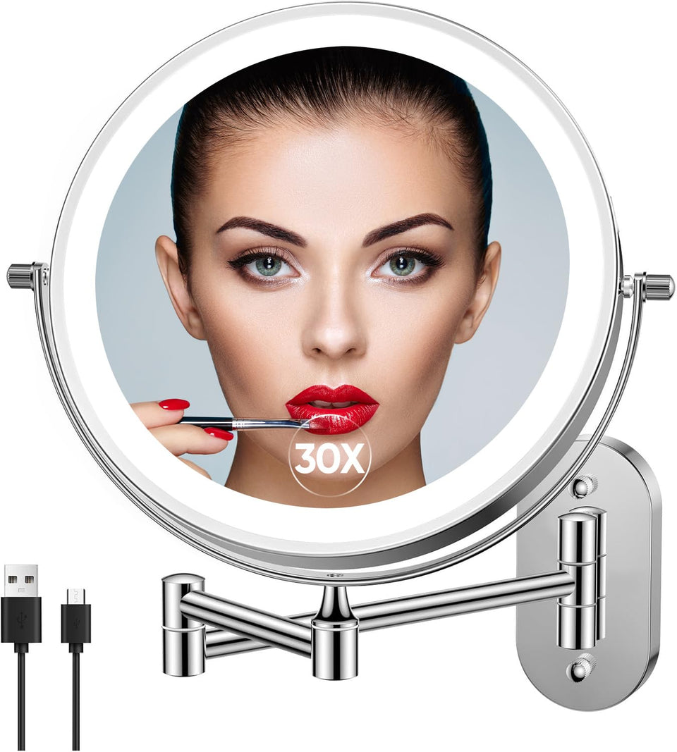 FUNTOUCH front-mounted lighted mirror showing dual-sided view and LED ring for clear makeup
