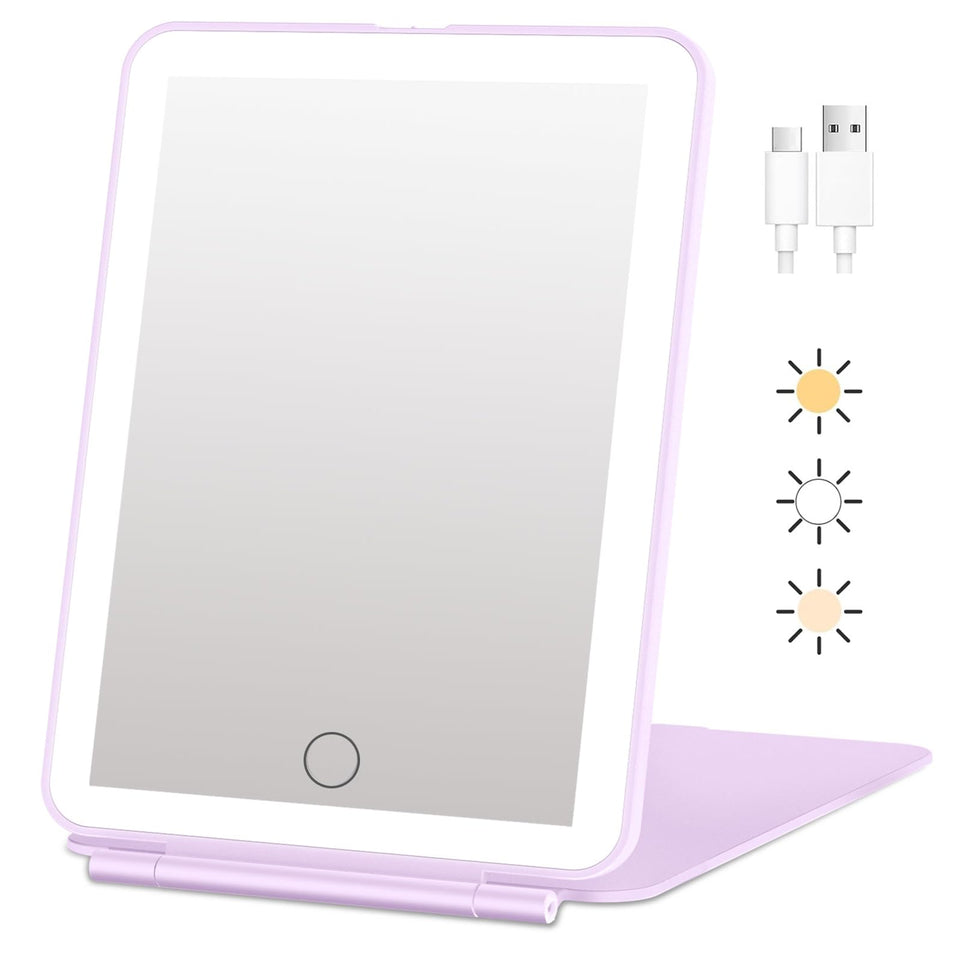 FUNTOUCH front view folded purple mirror showing compact travel-friendly design