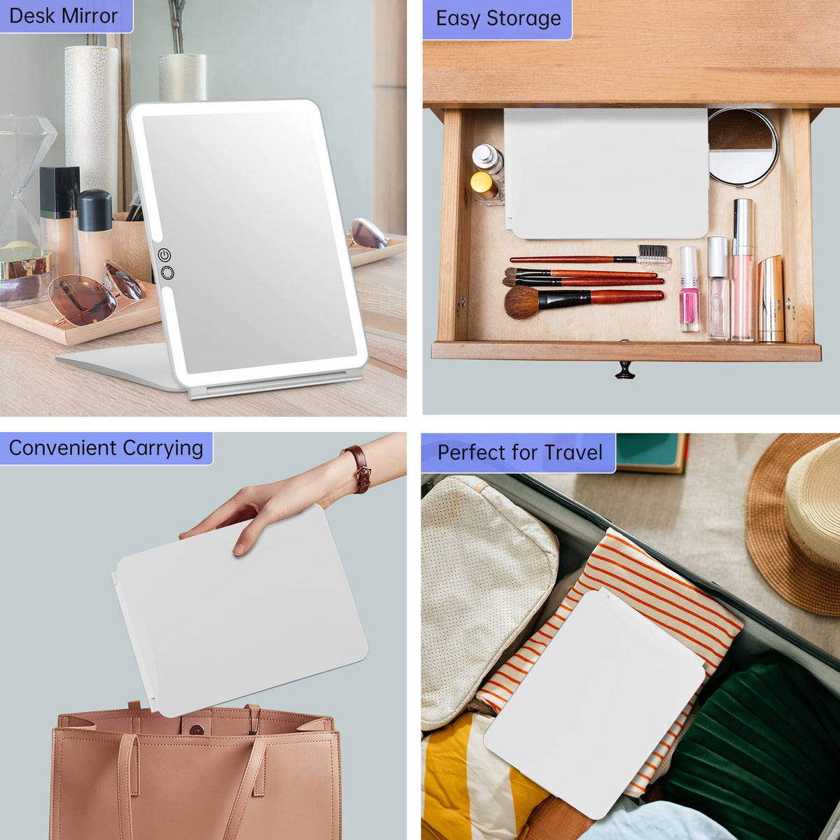 FUNTOUCH mirror held beside hand and suitcase to show travel scale