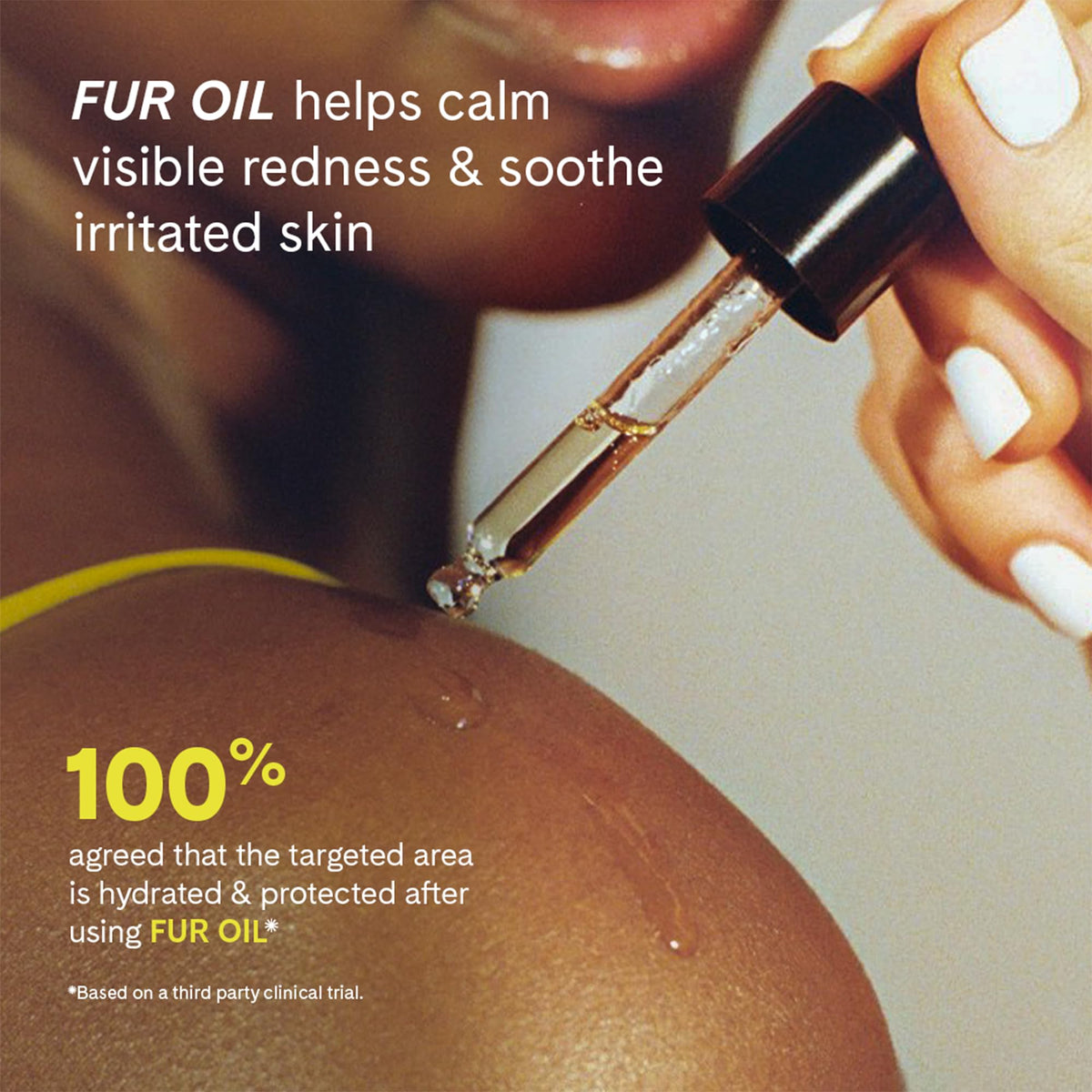 Fur Oil drop on skin demonstrating lightweight hydration and softness