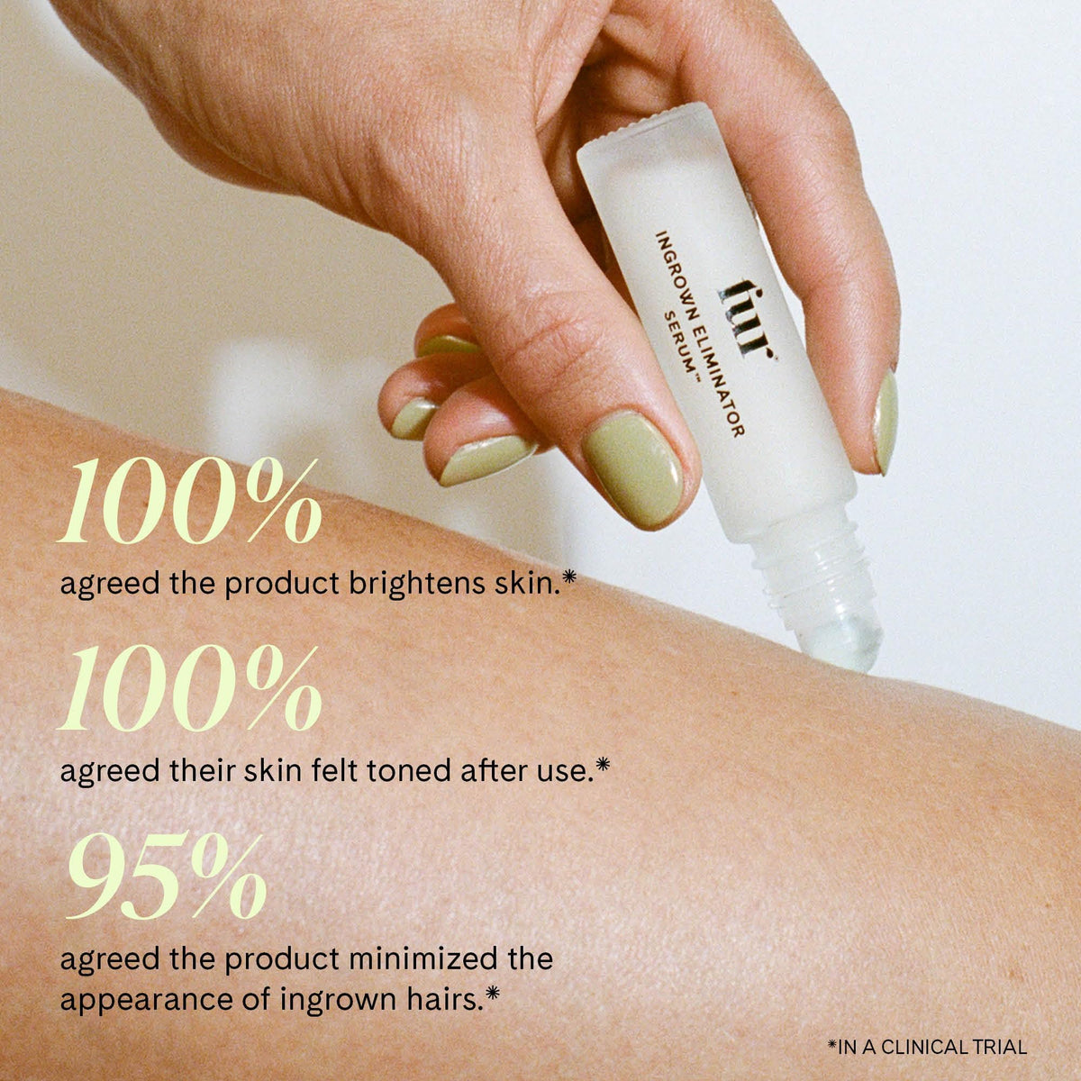 Fur rollerball next to a hand showing 10 ml size for travel convenience