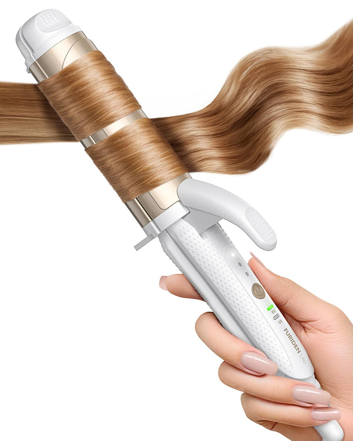 FURIDEN Lite front view showing compact travel-ready curling iron and clamp benefit quick styling