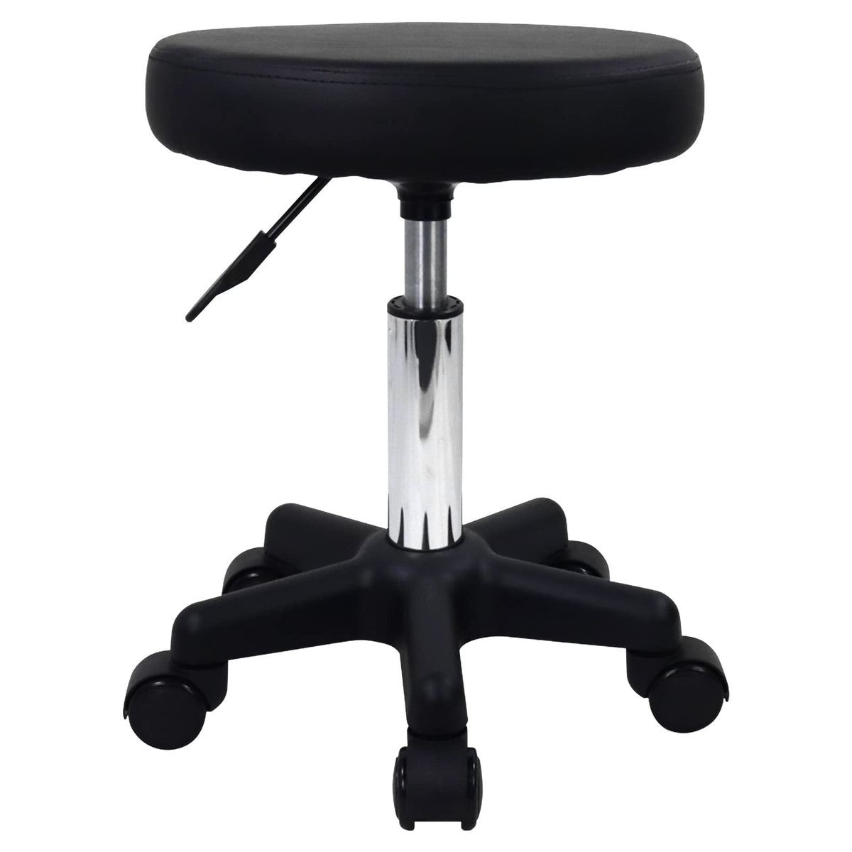 FURWOO front view of black rolling stool showing compact silhouette and portability