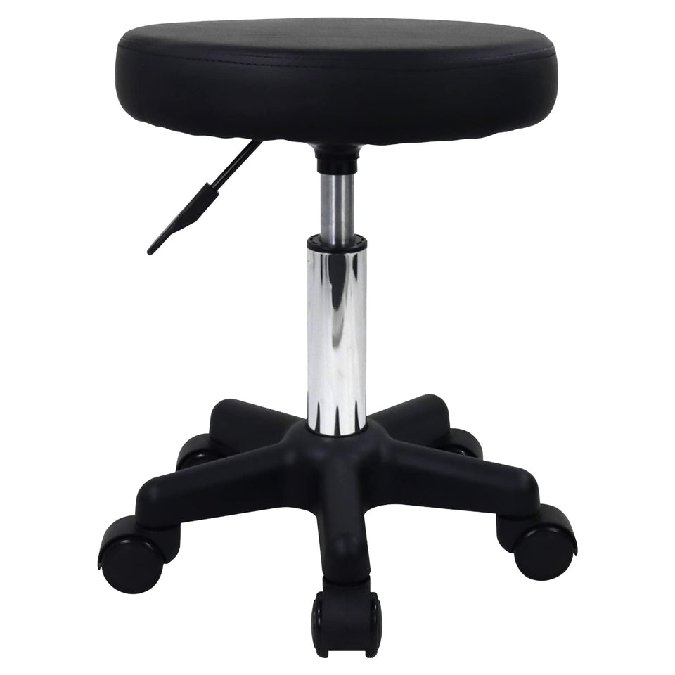 FURWOO front view of black rolling stool showing compact silhouette and portability