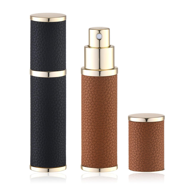 Fusupak front view of two-piece atomizer set showing neat case and caps, travel convenience
