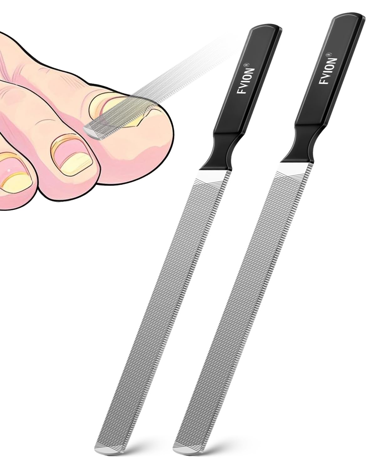 FVION front view of two long stainless steel nail files showing durable design and control
