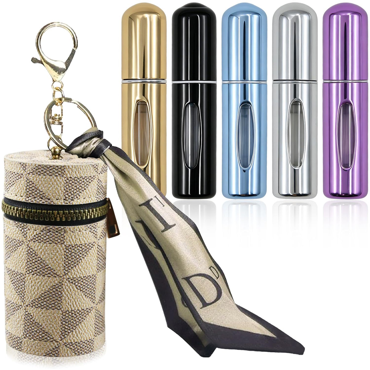 Fvqqio front view of five travel perfume bottles showing portability and variety