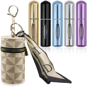 Fvqqio front view of five travel perfume bottles showing portability and variety