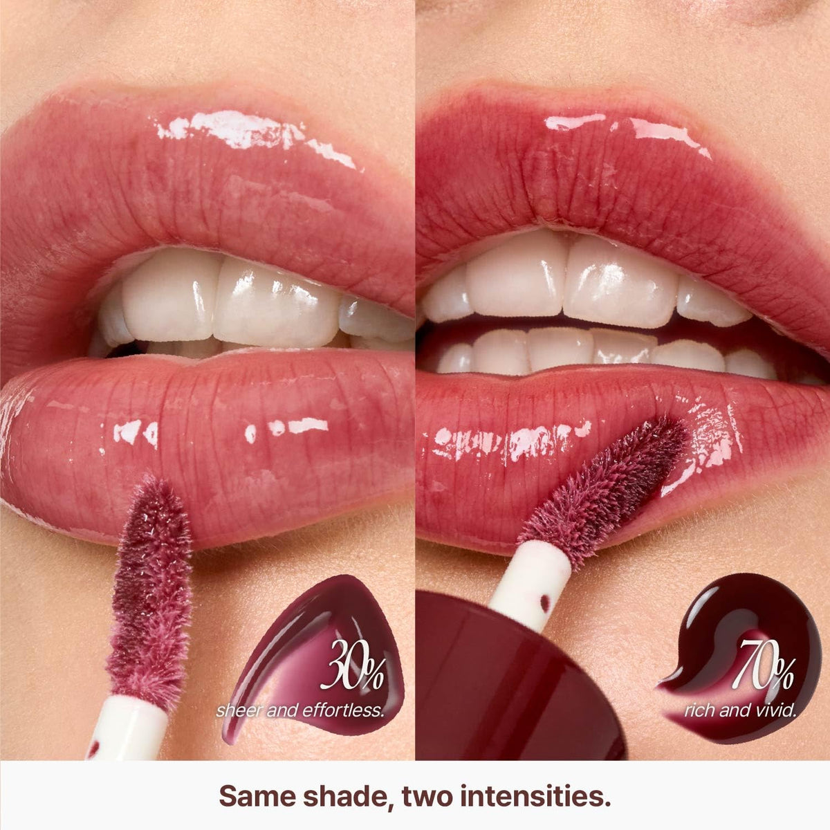 fwee lip swatch on model showing Cherry Cola sheer tint and natural plumping effect