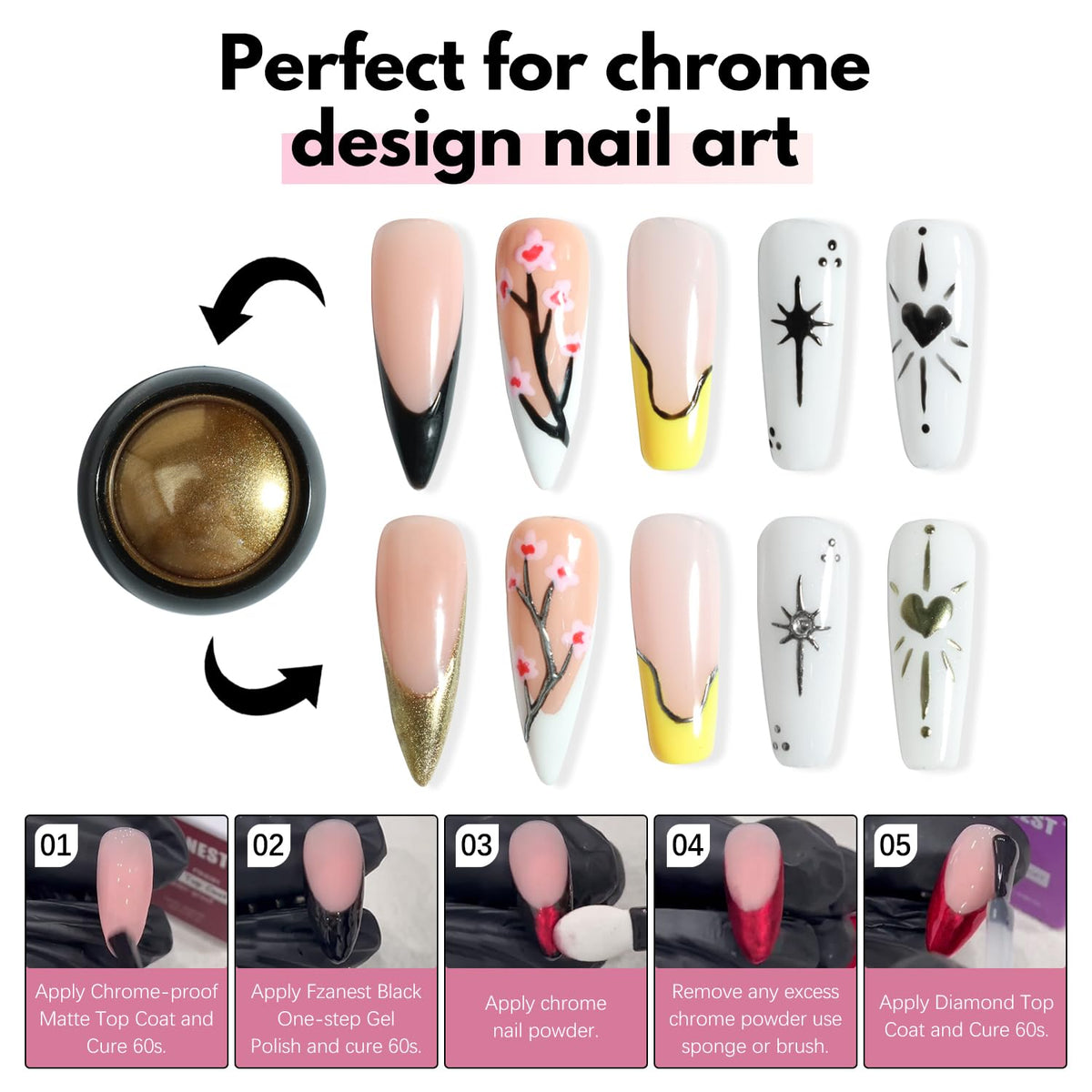 FZANEST chrome powder application illustrating intense mirror effect benefit