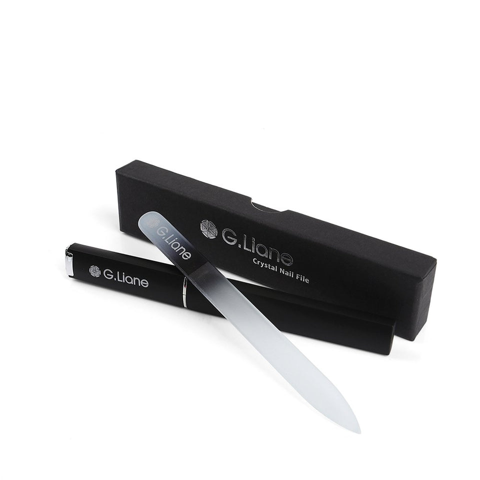 G.Liane front view of rainbow black glass file showing sleek design and portability