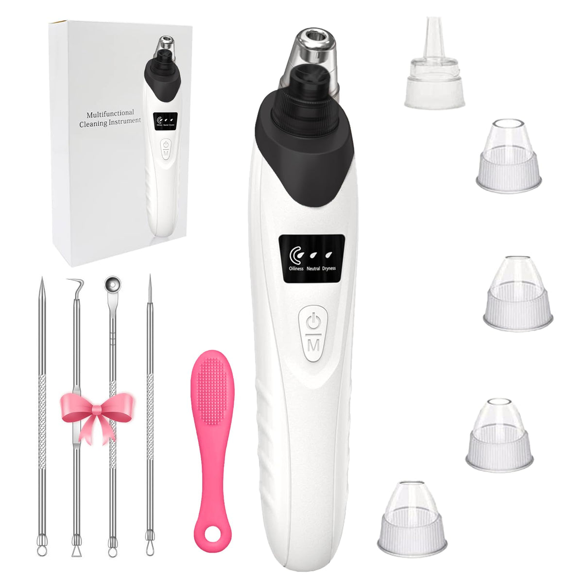 Gackoko front view showing device and five heads, highlights versatile cleansing