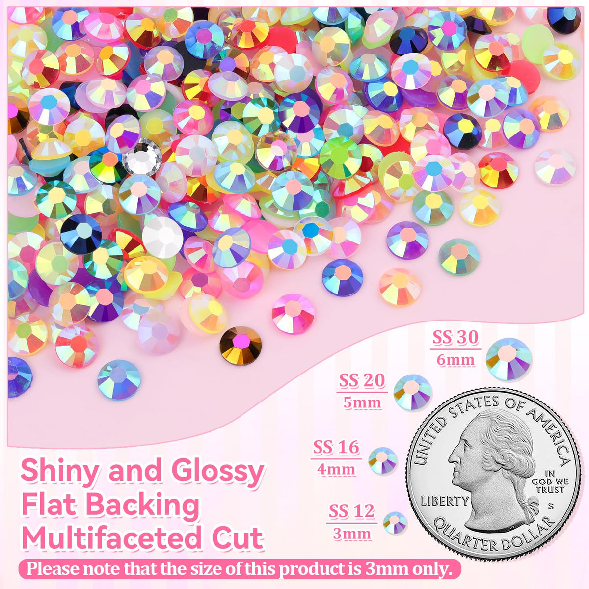 GA&EN 3mm rhinestones on fingertip to show size and easy-handling benefit