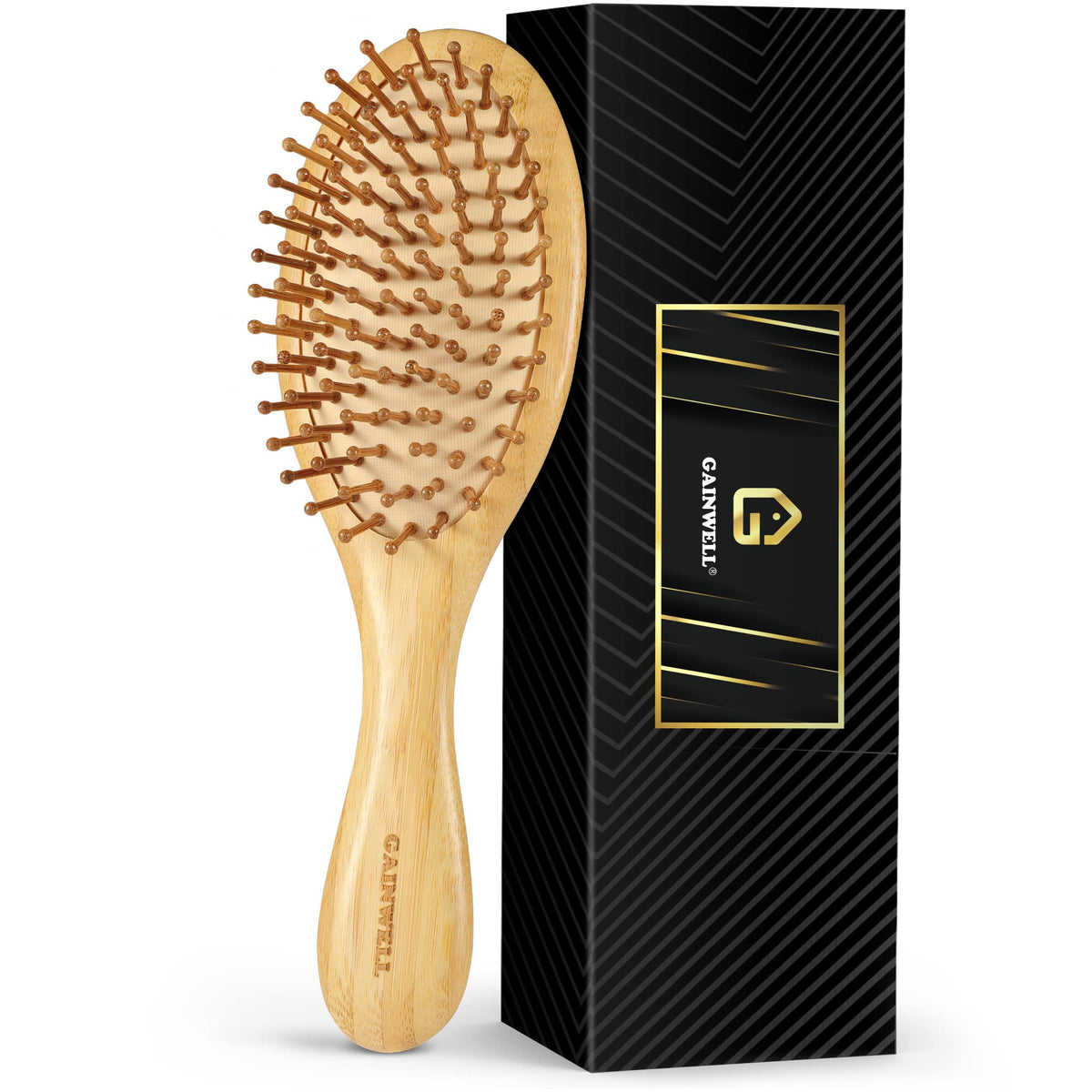 GAINWELL front view of bamboo hair brush showing full paddle and pins, comfortable grip
