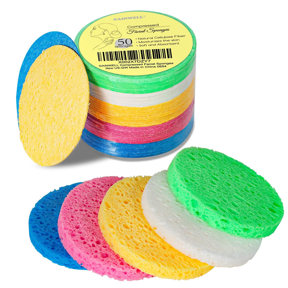 GAINWELL front packaging showing 50 colorful compressed facial sponges and benefits