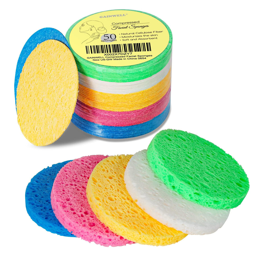 GAINWELL front packaging showing 50 colorful compressed facial sponges and benefits