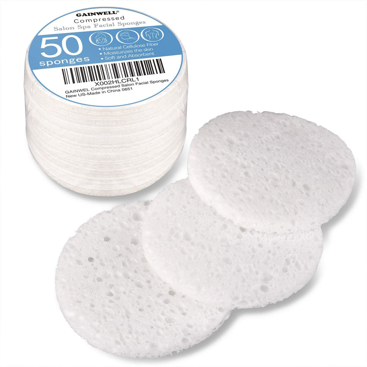 GAINWELL front packaging showing 50-count compact compressed sponges and benefits