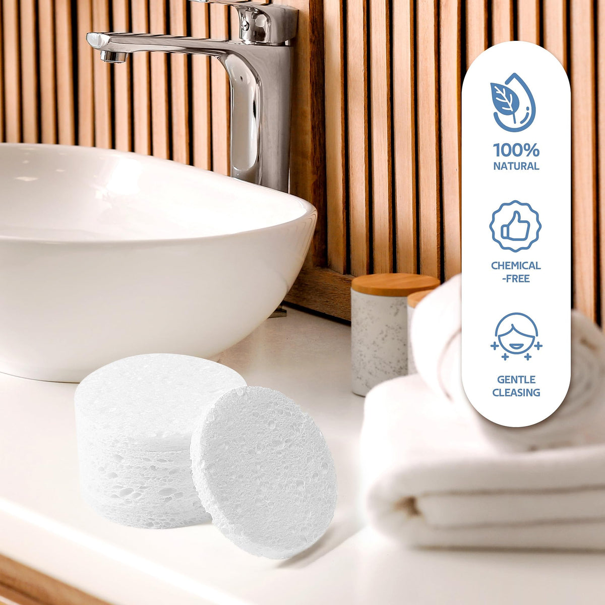 GAINWELL lifestyle bathroom scene with sponges displayed for at-home spa routine