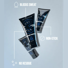 Hand applying Gamer Grip cream illustrating fast-drying and control benefit