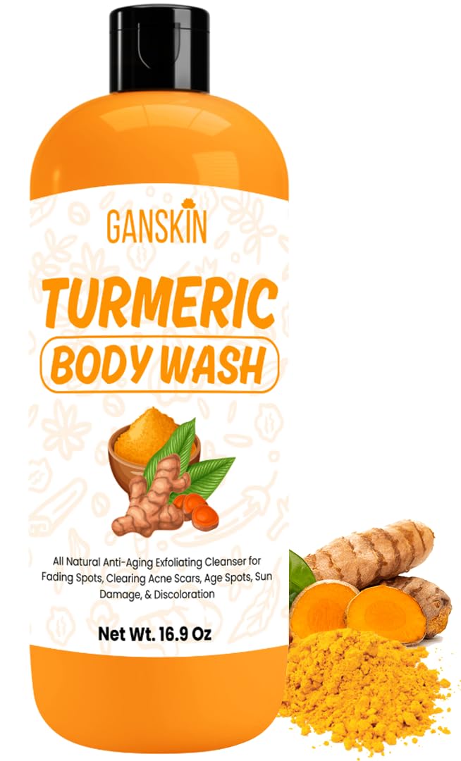 Ganskin front bottle view showing brightening turmeric body wash benefit