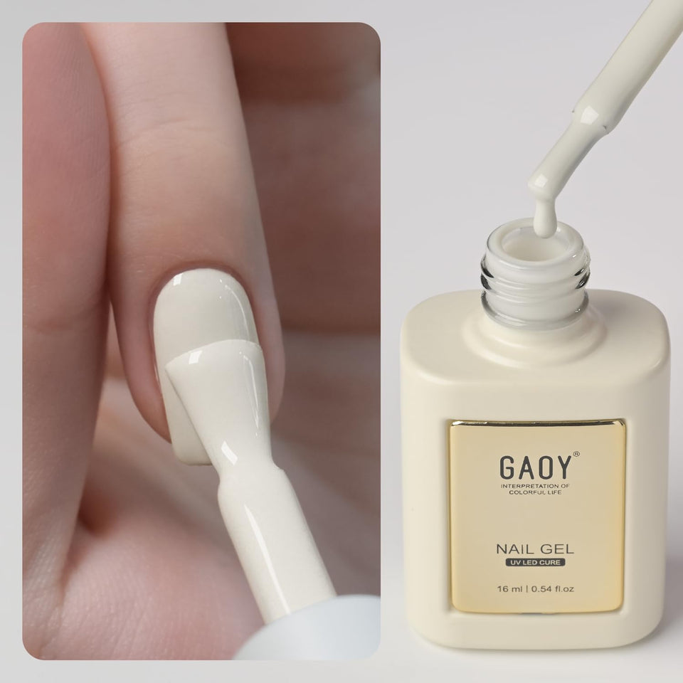 GAOY front bottle view showing antique white shade and clear label benefits