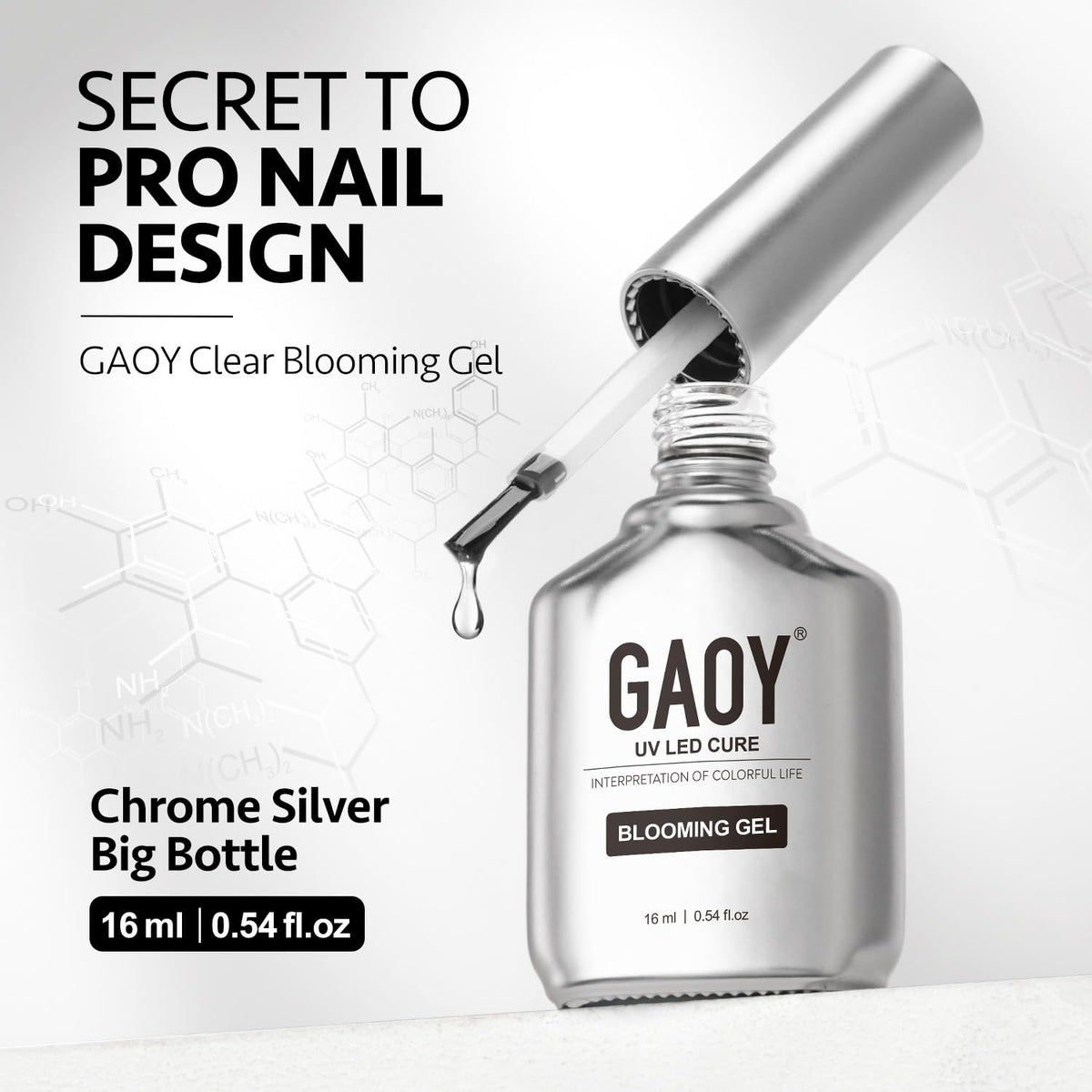GAOY bottles on salon tray in a bright setting, low-odor formula for comfortable use