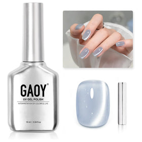 GAOY front bottle showing Moonlight Coast blue holographic finish and included magnet benefit