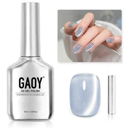 GAOY front bottle showing Moonlight Coast blue holographic finish and included magnet benefit