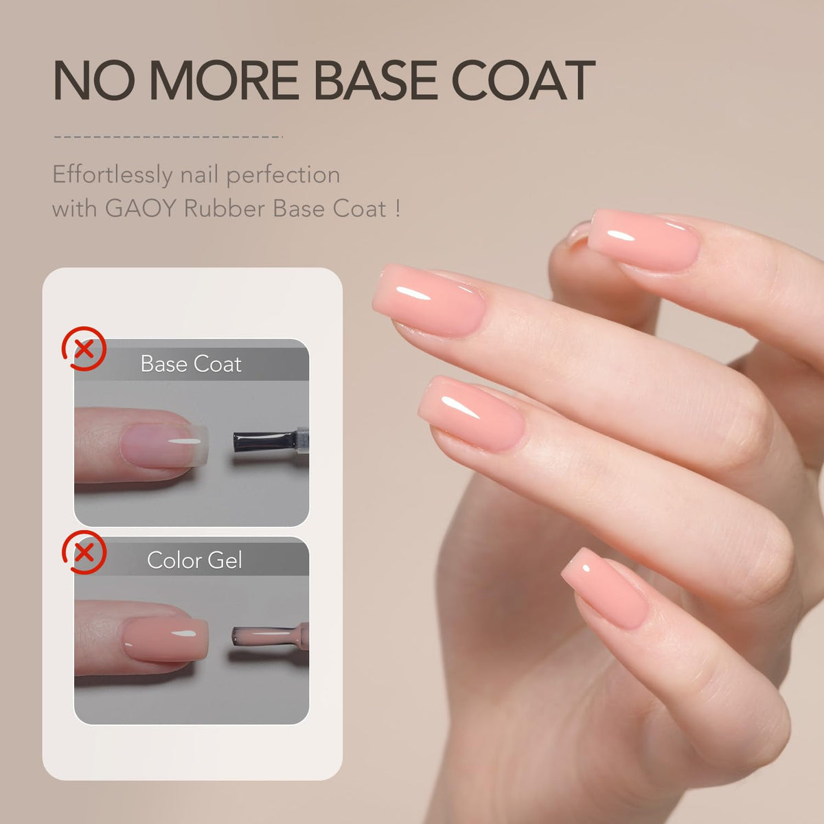 GAOY bottle close-up label highlighting shade name and builder base benefits