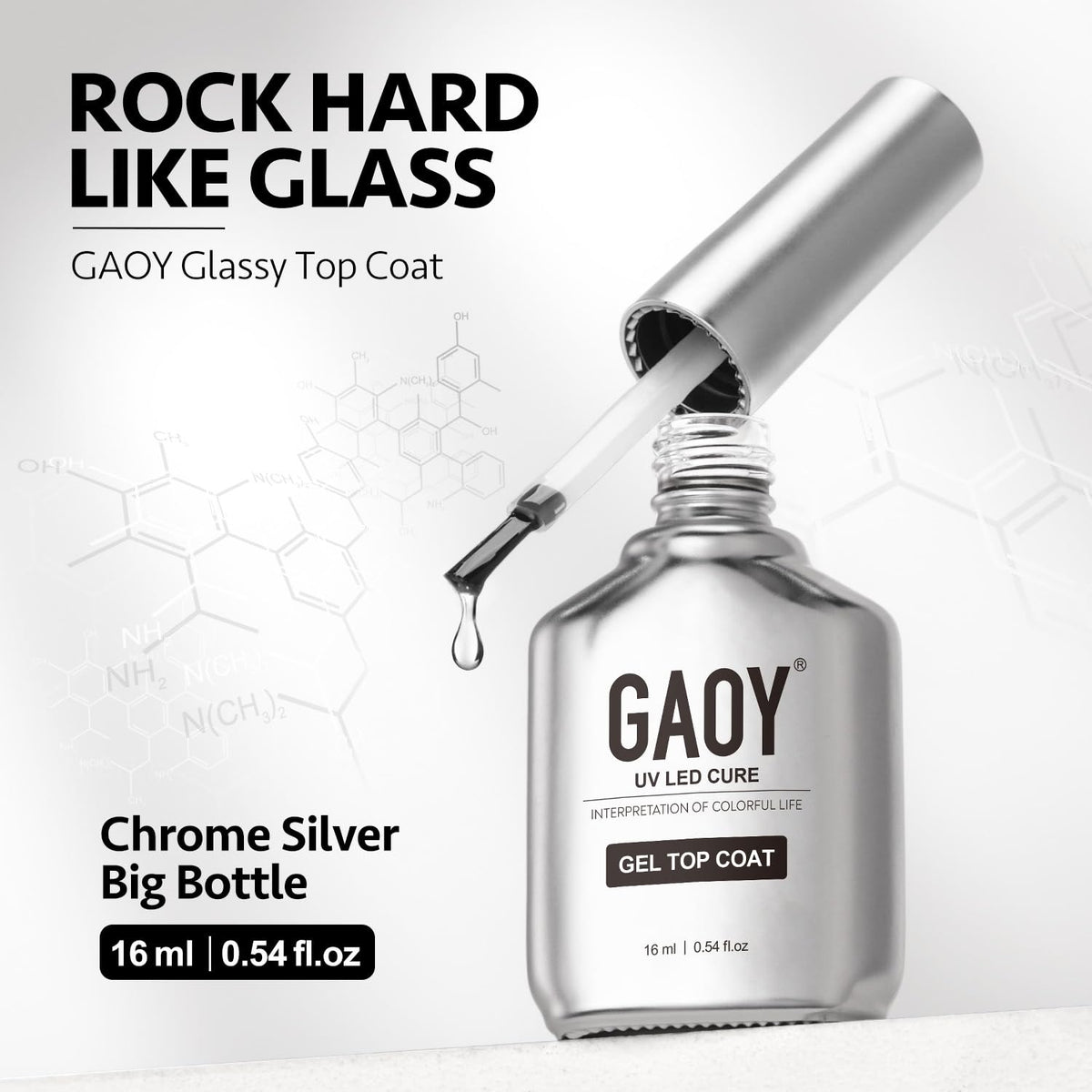 GAOY bottle detail with brush and chrome cap highlighting easy application benefit