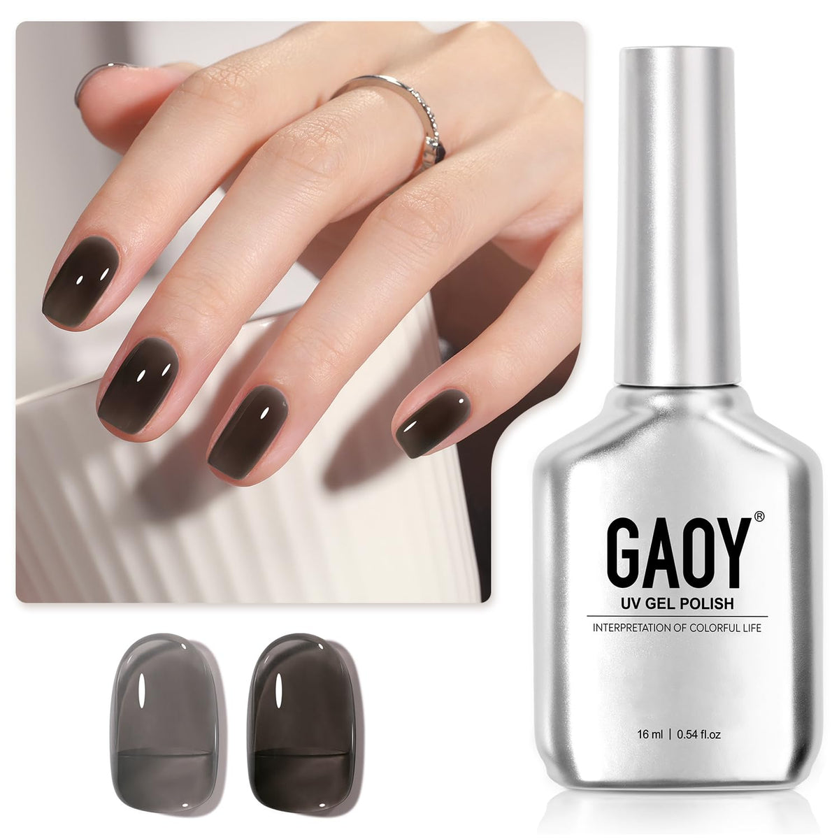 GAOY bottle front view showing 1724 Smoked Glass shade and benefit of buildable color