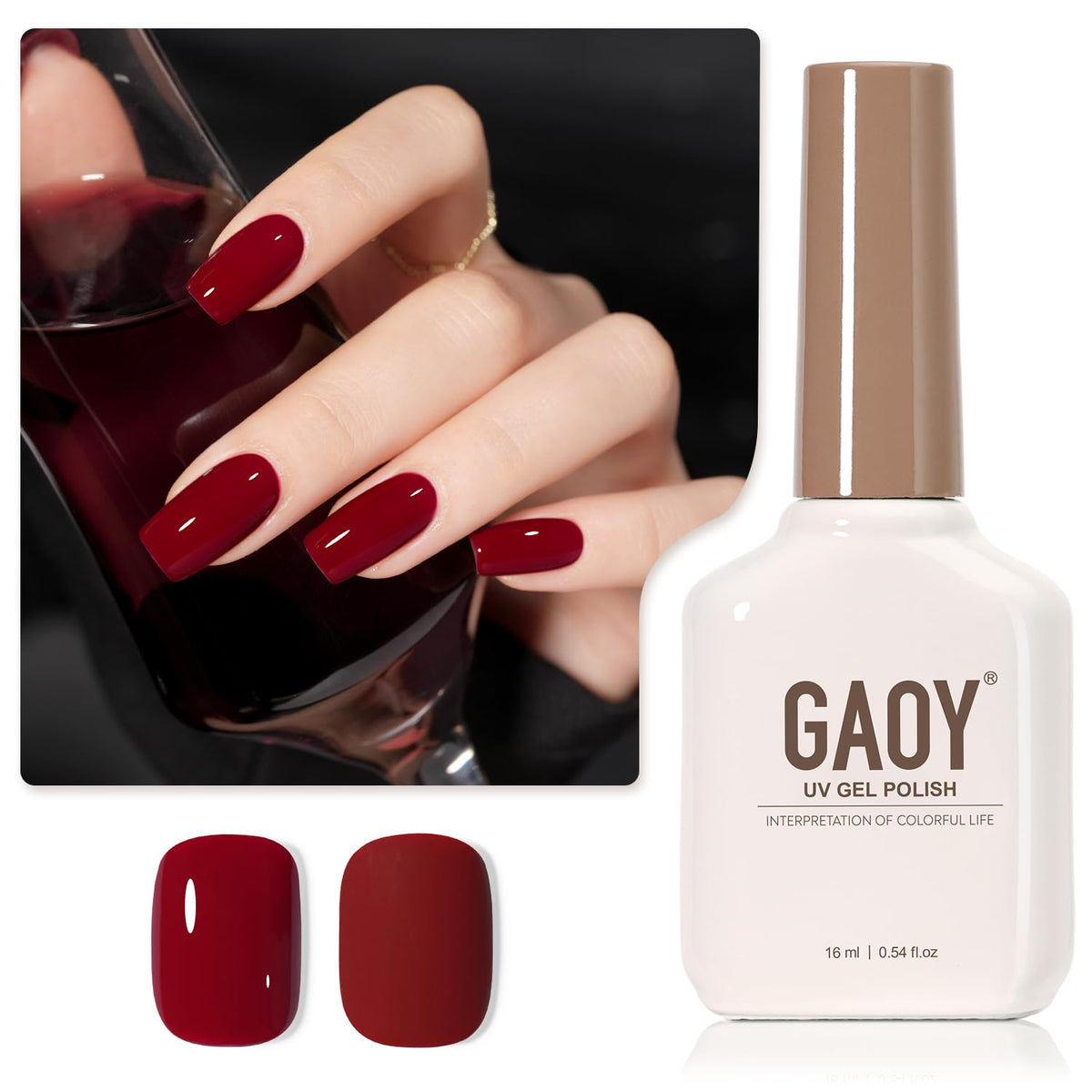 GAOY bottle front view showing burgundy color and generous 16ml volume benefit