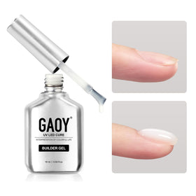 GAOY bottle front view showing milky white builder gel and clear label benefit long-lasting wear