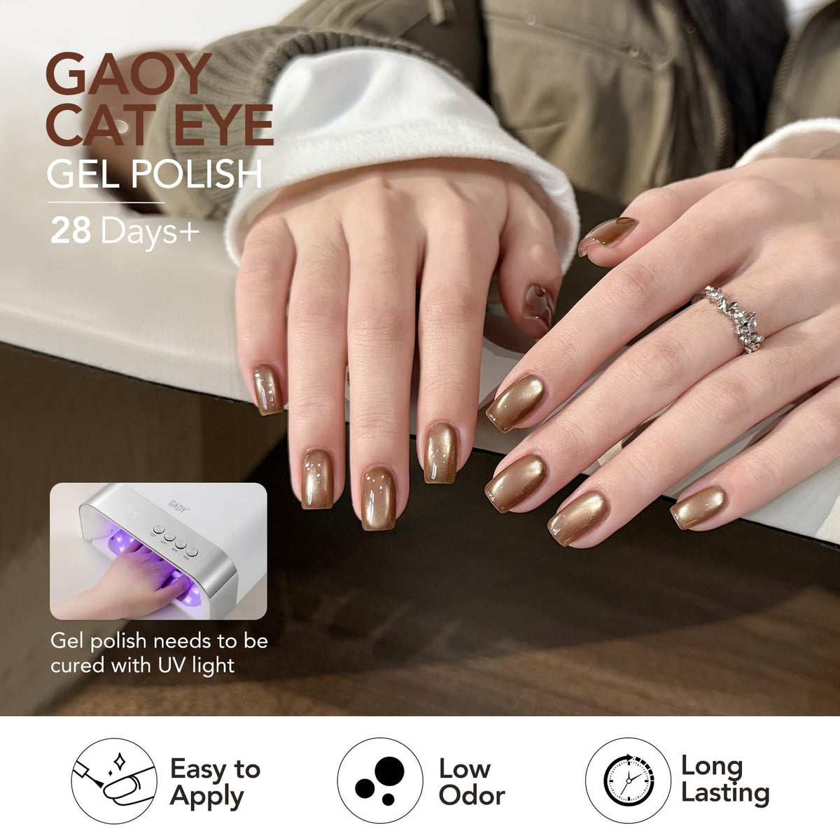 GAOY cat eye magnet held over uncured gel creating visible stripe, enables precise magnetic effect
