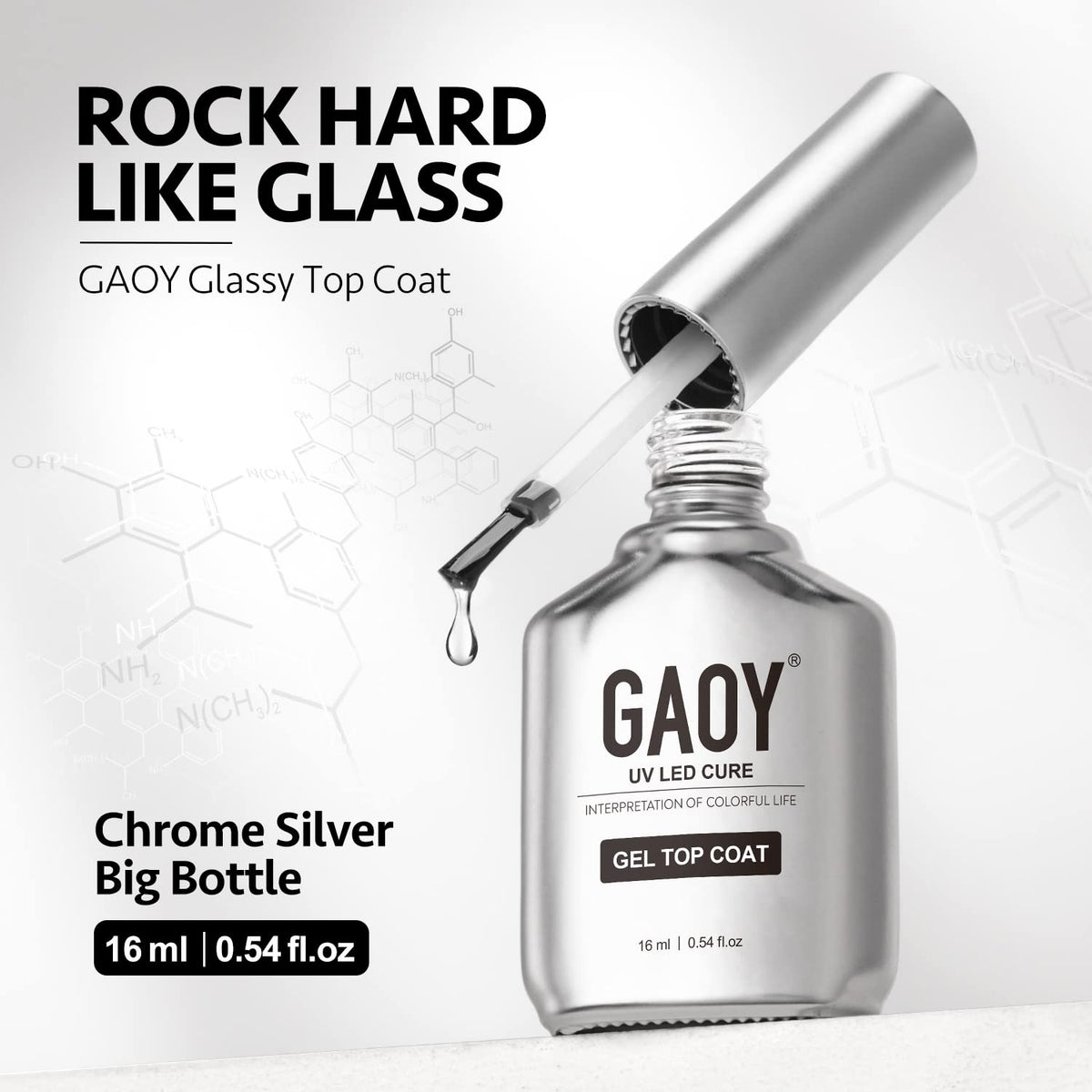 GAOY chrome-look bottle close-up highlighting brushed-stainless finish and premium appearance