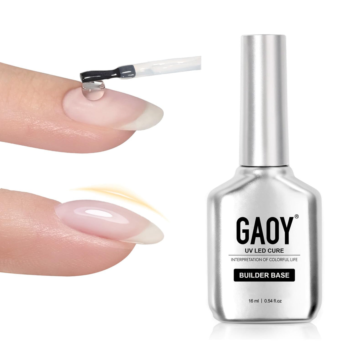GAOY clear builder base front packaging showing 16ml bottle benefit durable foundation