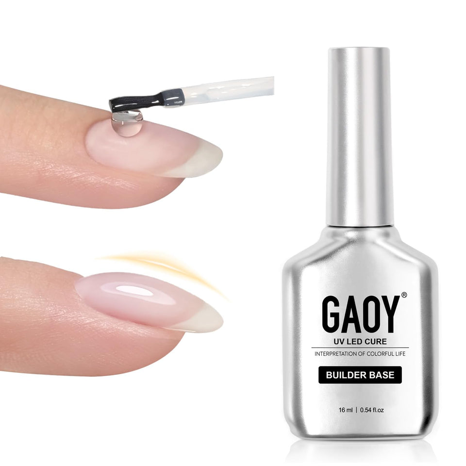 GAOY clear builder base front packaging showing 16ml bottle benefit durable foundation