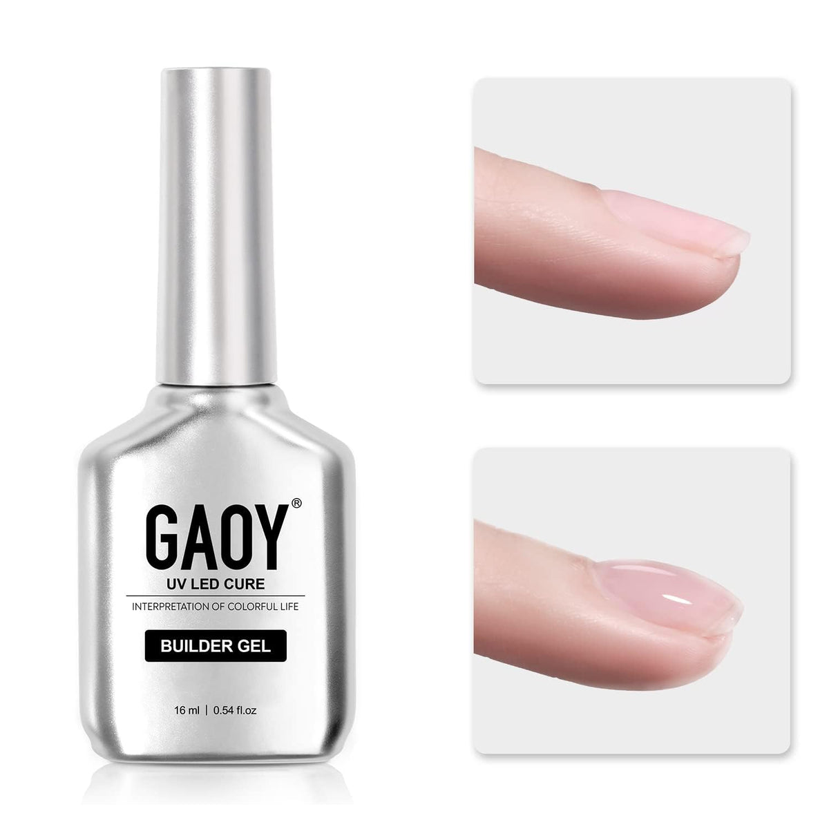 GAOY clear builder gel bottle front view showing label and product benefit