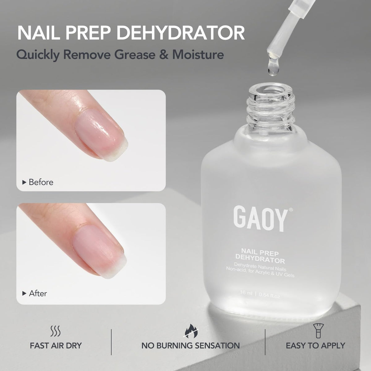 GAOY close-up bottle label highlighting acid-free formula and fast dry benefit
