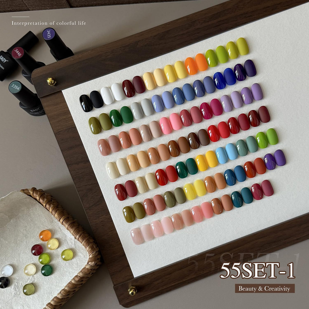 GAOY labeled bottles arranged to display 55 wearable gel polish colors clearly
