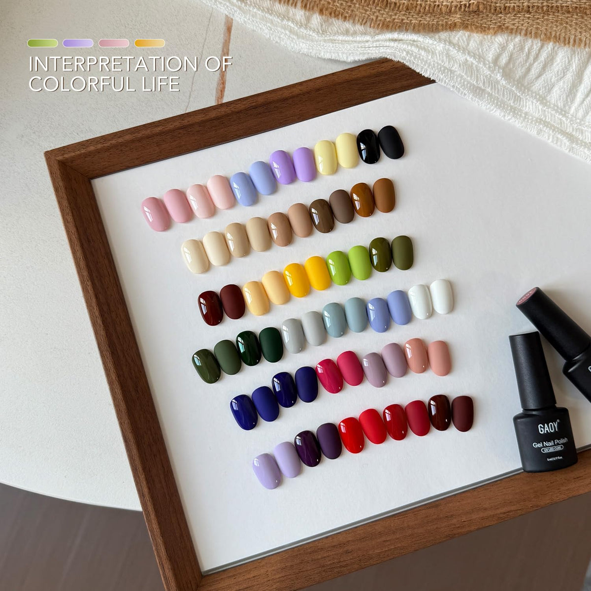 GAOY color swatches flat lay displaying 32 shades for seasonal versatility