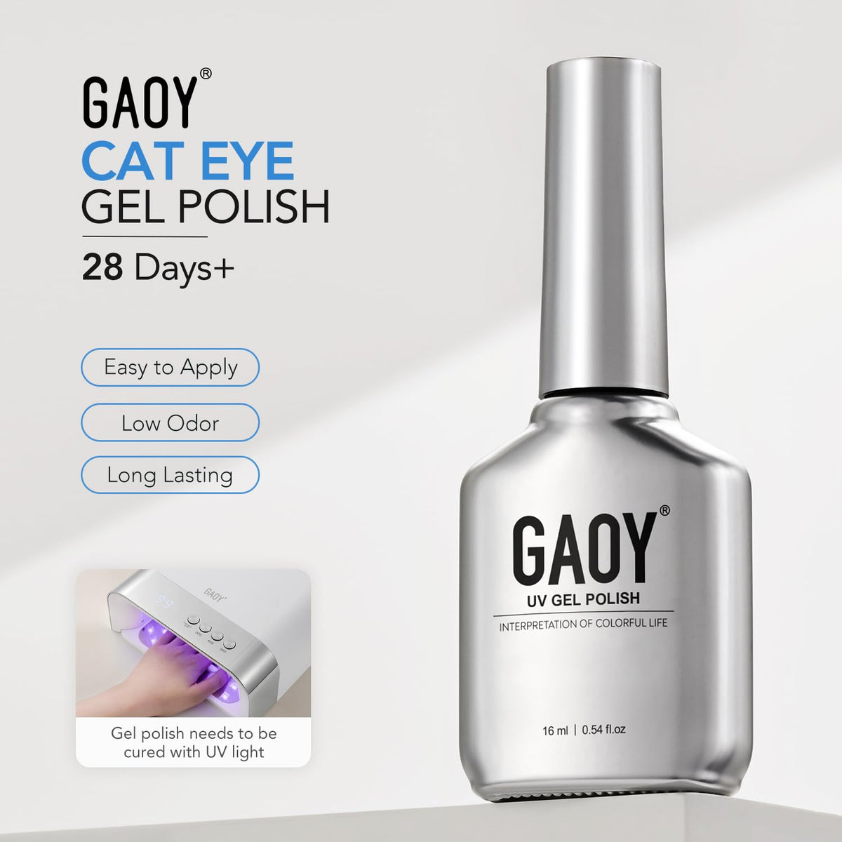 GAOY finished manicure on model hands showcasing glossy cat-eye shine and style