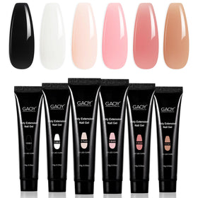 GAOY front view of six poly gel tubs showing color range and easy-start kit benefit