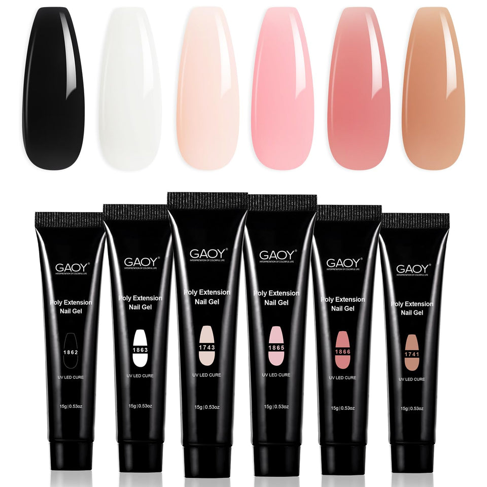 GAOY front view of six poly gel tubs showing color range and easy-start kit benefit