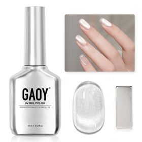 GAOY bottle front view showing silver holographic gel and label benefit finish