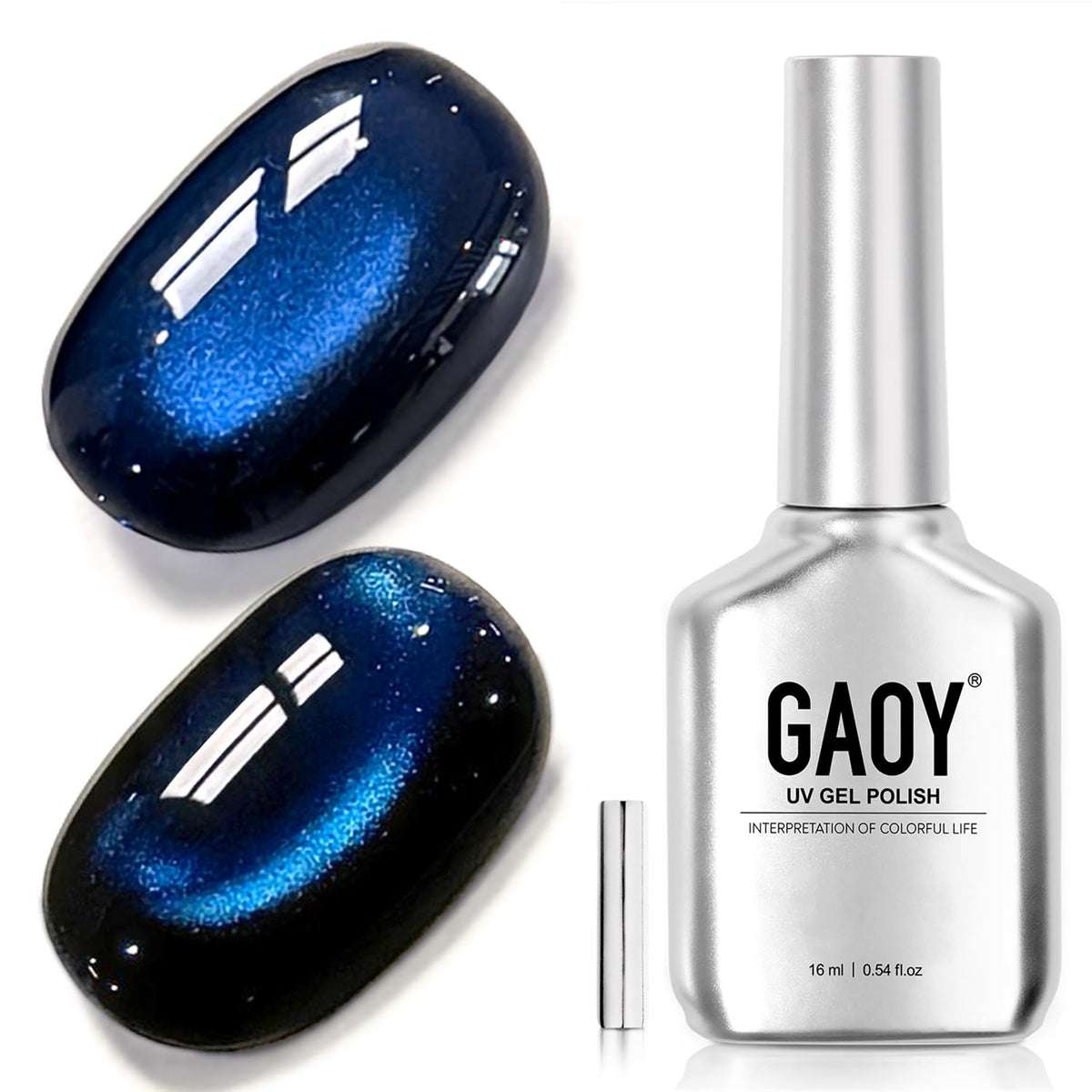 GAOY bottle front view showing blue cat eye shade and label, clear product display