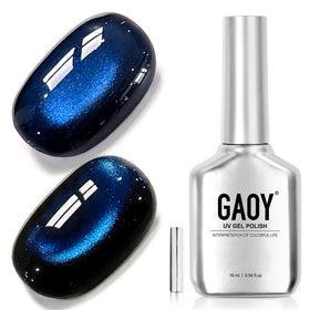 GAOY bottle front view showing blue cat eye shade and label, clear product display